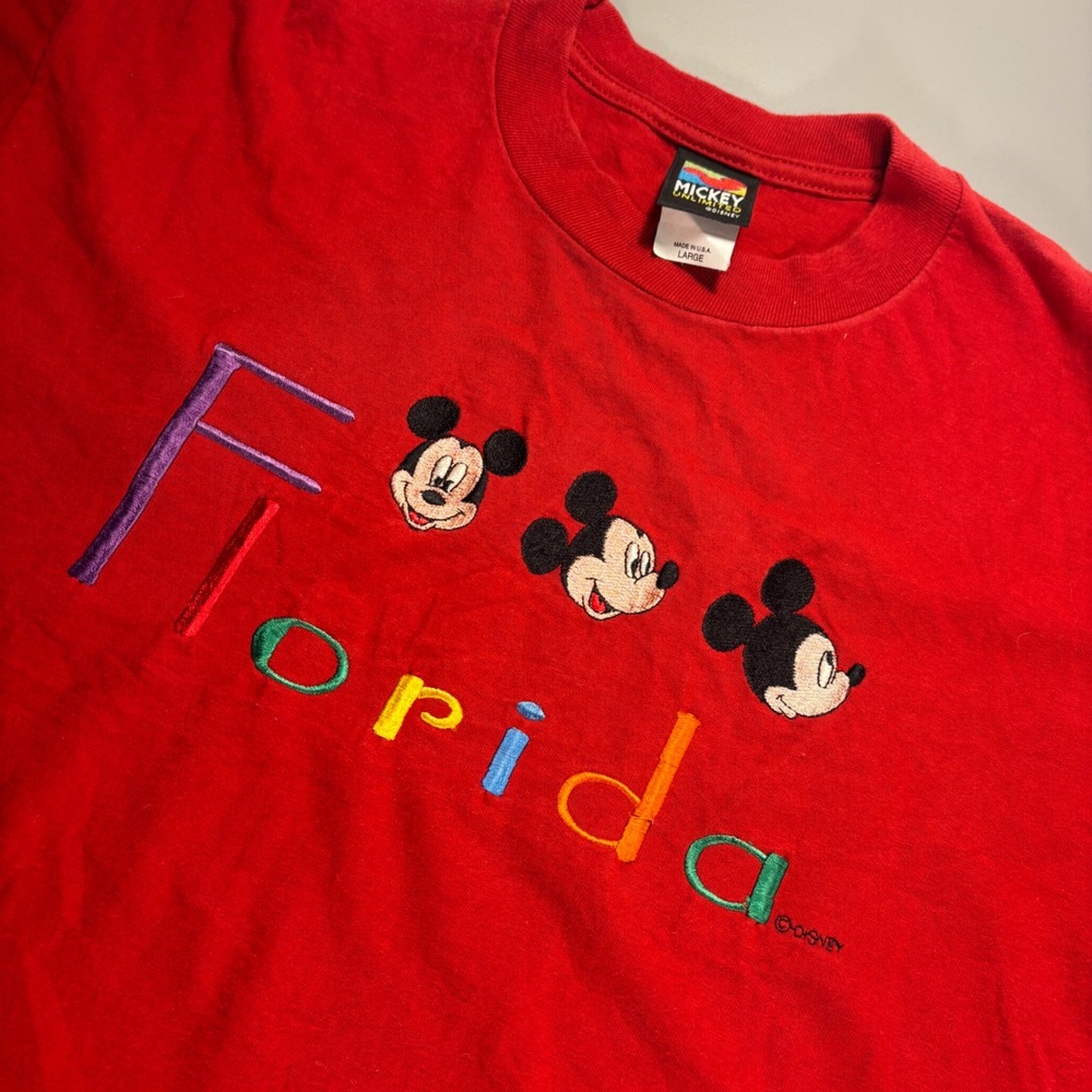 Vintage Mickey Unlimited Florida T-Shirt Red Embroidered Disney USA‎ Made L